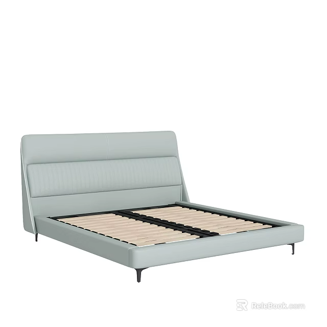 Modern Minimalist Double Bed With Light Blue Upholstered Headboard And Wooden Slats 3d model 
