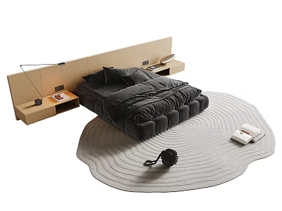Modern Black Double Bed With Wooden Headboard Bedside Tables And Round Light Textured Rug 3d model