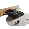 Modern Black Double Bed With Wooden Headboard Bedside Tables And Round Light Textured Rug