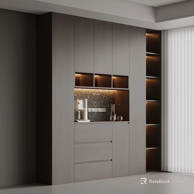 Modern Gray Sideboard With LED Lighting Open Shelves And Drawers In Dining Room 3d model 