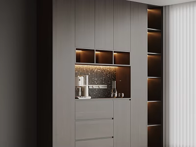 Modern Gray Sideboard With LED Lighting Open Shelves And Drawers In Dining Room 3d model