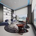 Modern Recreation Room With City View Floor To Ceiling Windows Blue Sofa Round Rug