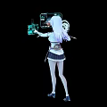 Game And Movie Character With Purple Hair White Top Black Skirt And Futuristic Holographic Interface