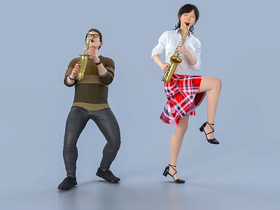 Two Performers Playing Saxophones In Trendy Outfits With Dynamic Poses 3d model