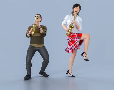 Two Performers Playing Saxophones In Trendy Outfits With Dynamic Poses 3d model