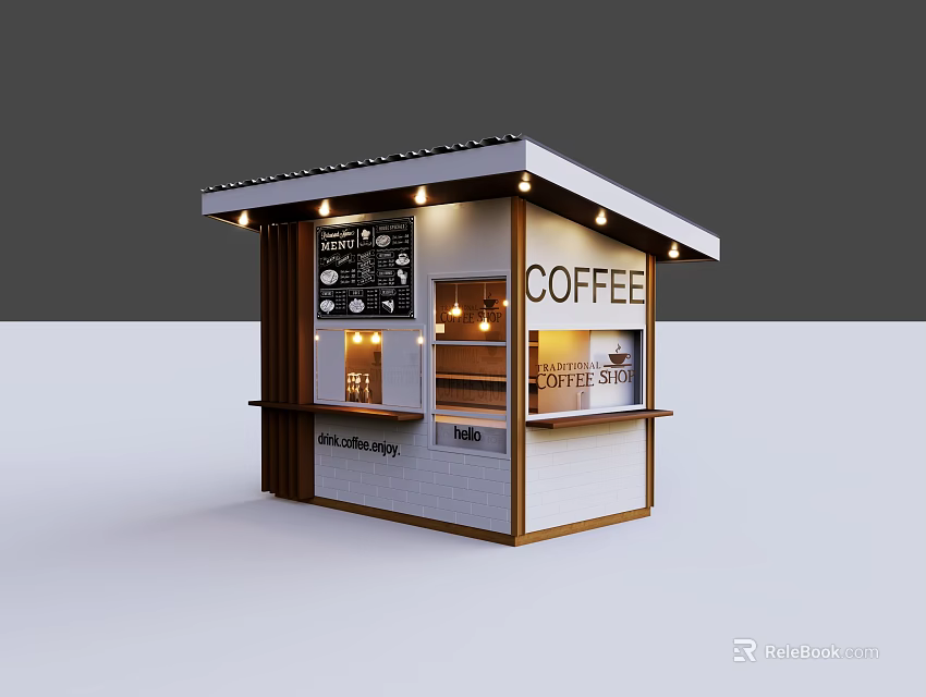Wooden White Coffee Kiosk Exterior With Illuminated Roof Lights Menu Board And Coffee Sign 3d model 