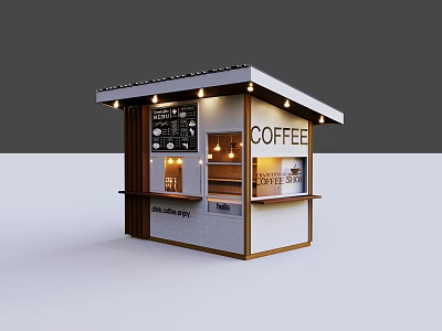 Wooden White Coffee Kiosk Exterior With Illuminated Roof Lights Menu Board And Coffee Sign 3d model