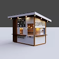 Wooden White Coffee Kiosk Exterior With Illuminated Roof Lights Menu Board And Coffee Sign