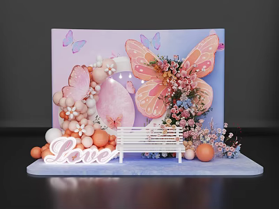 Romantic Photo Spot With Butterfly Decor Pink Purple Backdrop Balloons Flowers And Love Neon Sign 3d model
