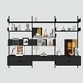Modern Decorative Cabinet With Layered Shelves Drawers Vase Sculpture Photo Frames Table Lamp And Books