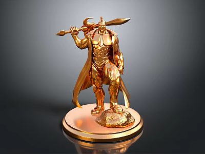 Golden Warrior Statue Holding Axe and Spear with Cloak on Round Base 3d model