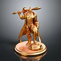 Golden Warrior Statue Holding Axe and Spear with Cloak on Round Base