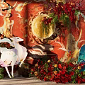 Banquet Hall with Red Phoenix Backdrop Circular Ornament White Crane Mountain Decor and Red Flowers