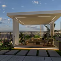 Modern Garden Landscape With White Pavilion Yellow Spherical Lights Stone Path Green Plants And Lawn