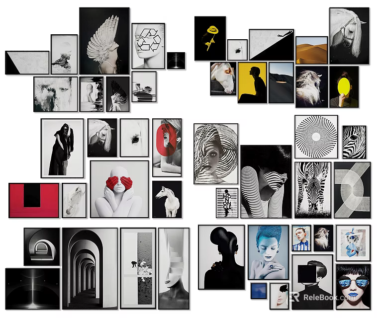 Creative Photo Wall Decor With Various Art Prints And Black White Color 3d model 