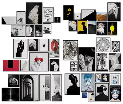 Creative Photo Wall Decor With Various Art Prints And Black White Color 3d model