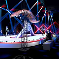 Fashion Runway Stage Design With White Platform Red Border Black White Stripes And Lighting