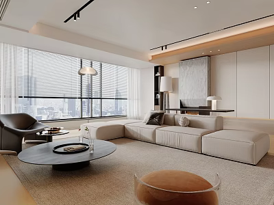 Minimalist Modern Living Room With Beige L shaped Sofa Black Armchair And Round Coffee Table 3d model