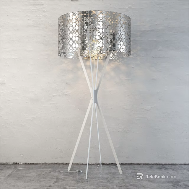 Stylish Floor Lamp With Silver Sequined Shade And White Cross Stand Warm Light Glow 3d model 