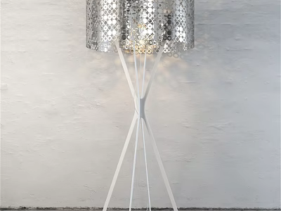 Stylish Floor Lamp With Silver Sequined Shade And White Cross Stand Warm Light Glow 3d model