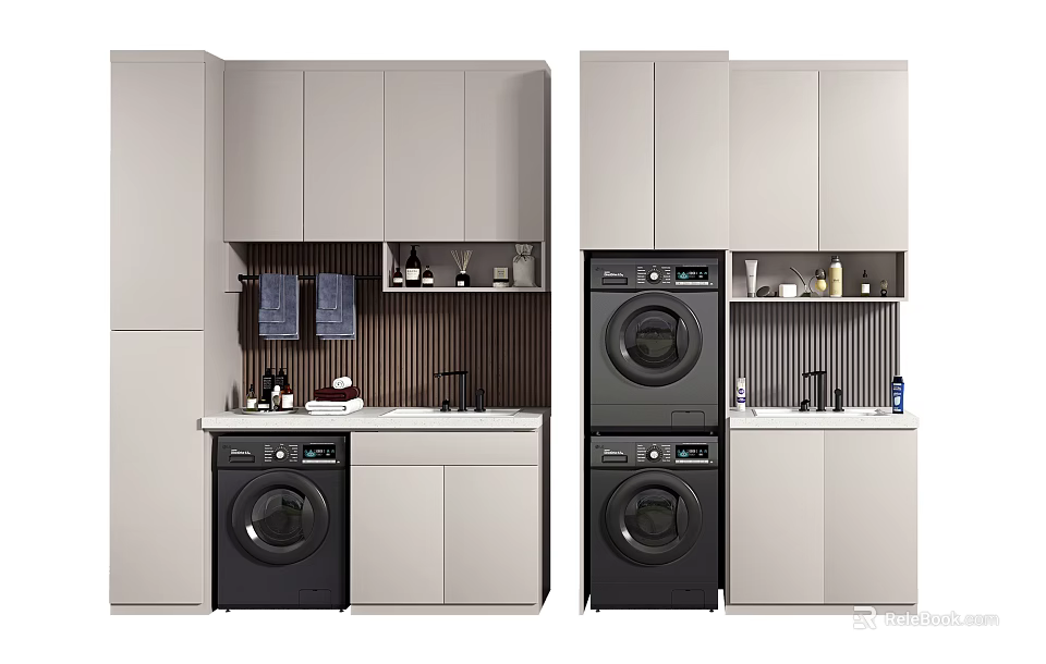 Modern Bathroom Cabinetry Design With Stacked Washer Dryer Countertop Sink And Storage 3d model 