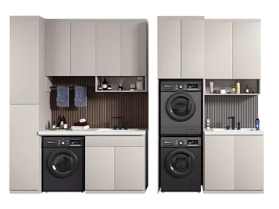 Modern Bathroom Cabinetry Design With Stacked Washer Dryer Countertop Sink And Storage 3d model