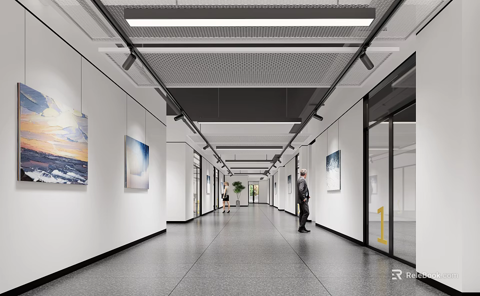 Office Corridor With White Walls Hanging Paintings Standing Person And Ceiling Light Strips 3d model 