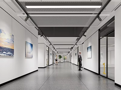 Office Corridor With White Walls Hanging Paintings Standing Person And Ceiling Light Strips 3d model