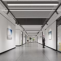 Office Corridor With White Walls Hanging Paintings Standing Person And Ceiling Light Strips