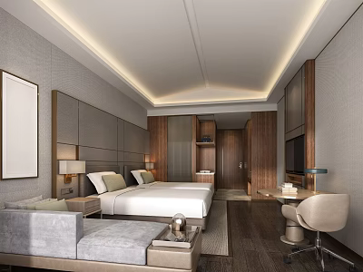 Modern Hotel Guest Room With King Bed Sofa Writing Desk And Wooden Decor 3d model