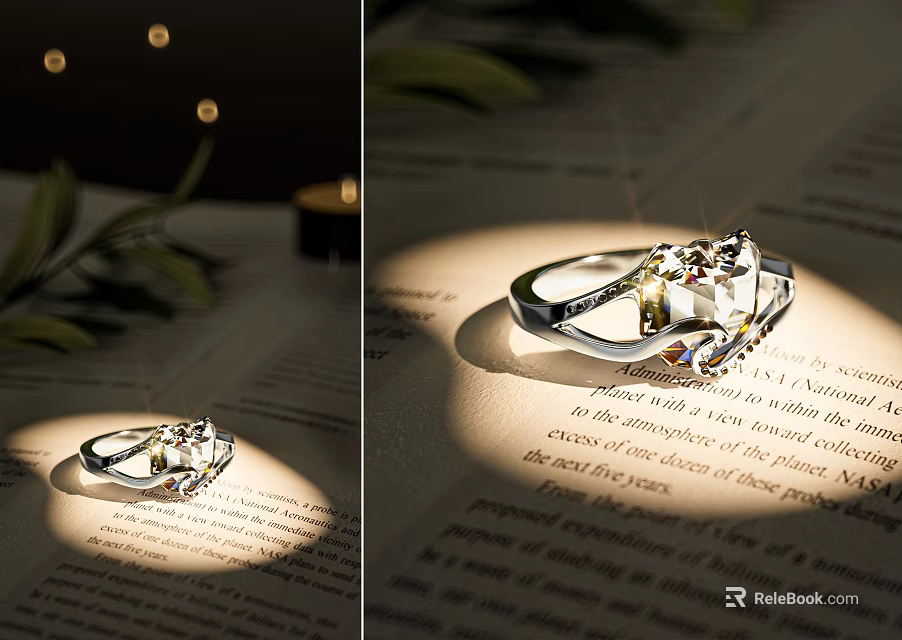 Elegant Silver Ring with Sparkling Gemstones on Book Pages Under Warm Light and Green Leaves 3d model 