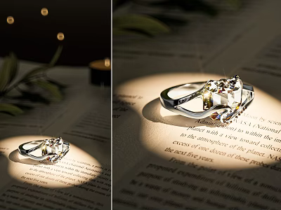 Elegant Silver Ring with Sparkling Gemstones on Book Pages Under Warm Light and Green Leaves 3d model