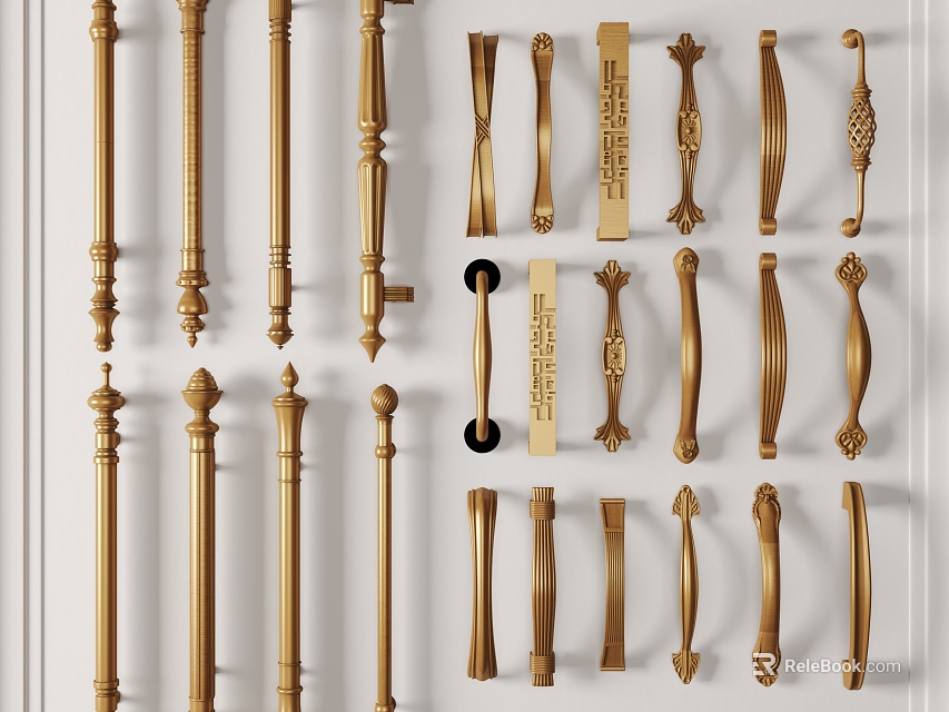 Golden Metal Furniture Handles With Various Styles For Cabinets And Doors 3d model 