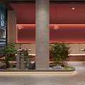 Modern Restaurant Interior With Curved Red Wall Long Dining Table Red Chairs And Wine Rack