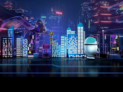 Cyberpunk Night Cityscape With Neon Lit Tall Buildings Mechanical Creature And White Robot 3d model