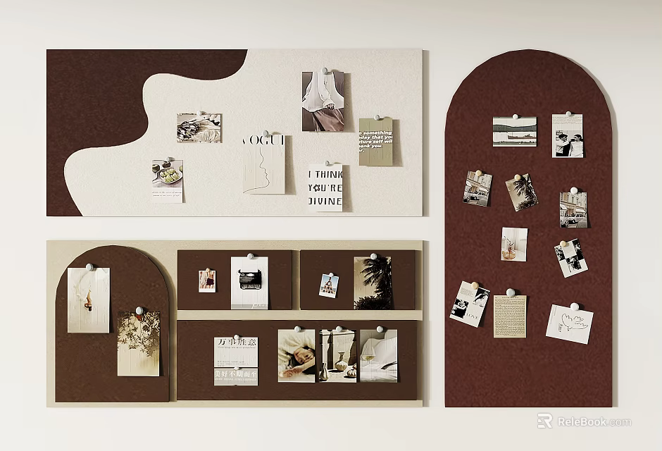 Modern Photo Wall Design Featuring Arch And Curved Cork Boards With Pictures Notes Clips 3d model 