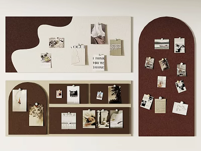 Modern Photo Wall Design Featuring Arch And Curved Cork Boards With Pictures Notes Clips 3d model