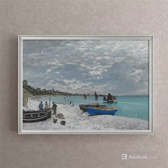 Scenic Landscape Painting of Beach with Sandy Shore Boats People Calm Sea and Sky 3d model 