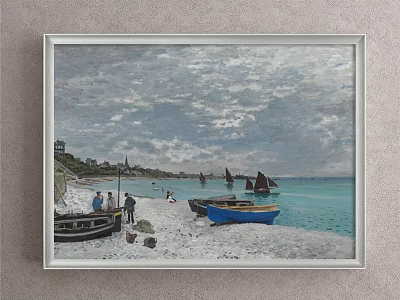 Scenic Landscape Painting of Beach with Sandy Shore Boats People Calm Sea and Sky 3d model