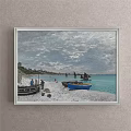 Scenic Landscape Painting of Beach with Sandy Shore Boats People Calm Sea and Sky