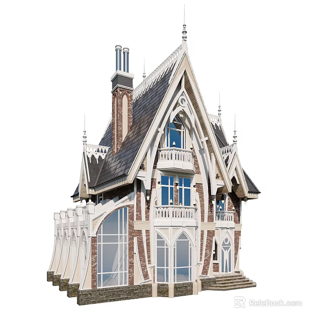 Detached Villa With Gabled Roof Tower Large Windows Balcony And Ornate Details 3d model 