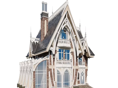 Detached Villa With Gabled Roof Tower Large Windows Balcony And Ornate Details 3d model