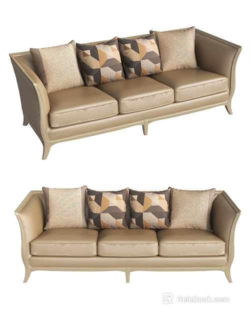 Modern Beige Leather Three Seat Sofa With Geometric Pattern Decorative Cushions 3d model