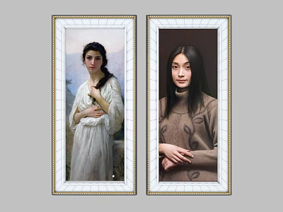 Two Framed Portrait Paintings of Women in White Dress and Brown Sweater 3d model