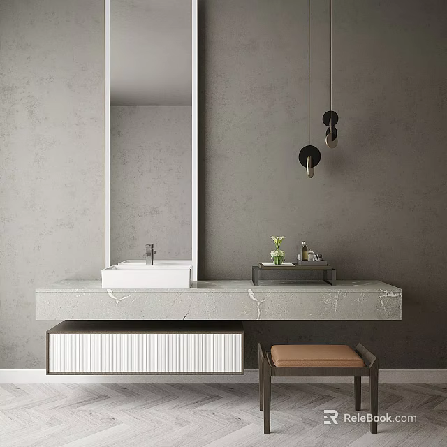 Modern Bathroom Vanity With Large Mirror Marble Countertop And Green Plant On Gray Wall 3d model 