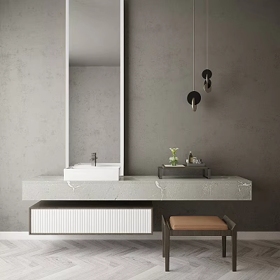 Modern Bathroom Vanity With Large Mirror Marble Countertop And Green Plant On Gray Wall 3d model