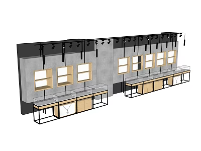 Modern Retail Display Shelves With Wall Mounted Cabinets Countertops Metal Frames And Spotlights 3d model
