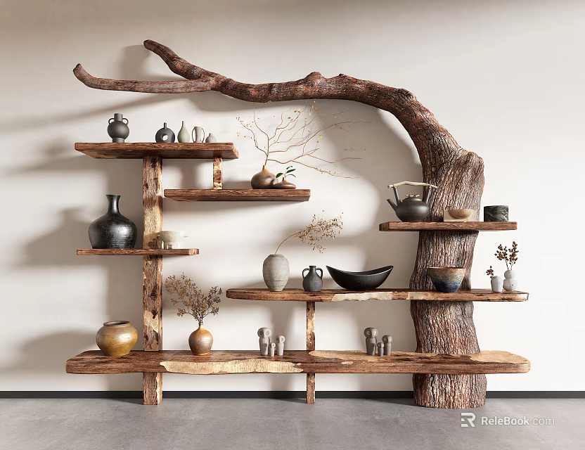 Natural Tree Trunk Wooden Shelf With Ceramic Vases And Decorative Items On Light Colored Wall 3d model 
