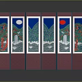 Traditional Oriental Folding Screen with Mountain Water Pine Tree Moon and Sun Design