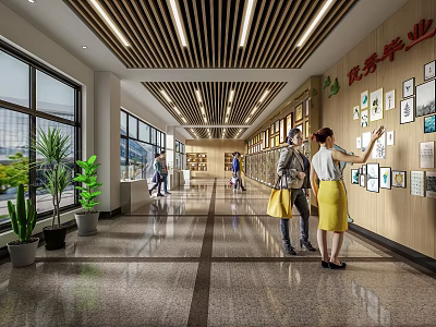 Spacious Exhibition Hall with Wall Displays Strip Lighting Large Windows and Visitors Viewing 3d model